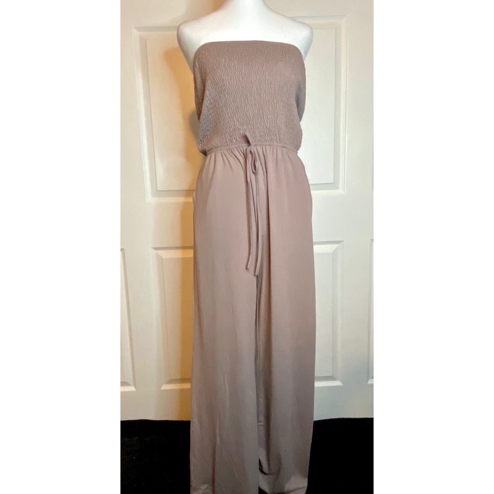 Mauve Smocked Tube Top Wide Leg Jumpsuit Strapless Drawstring Waist Size M